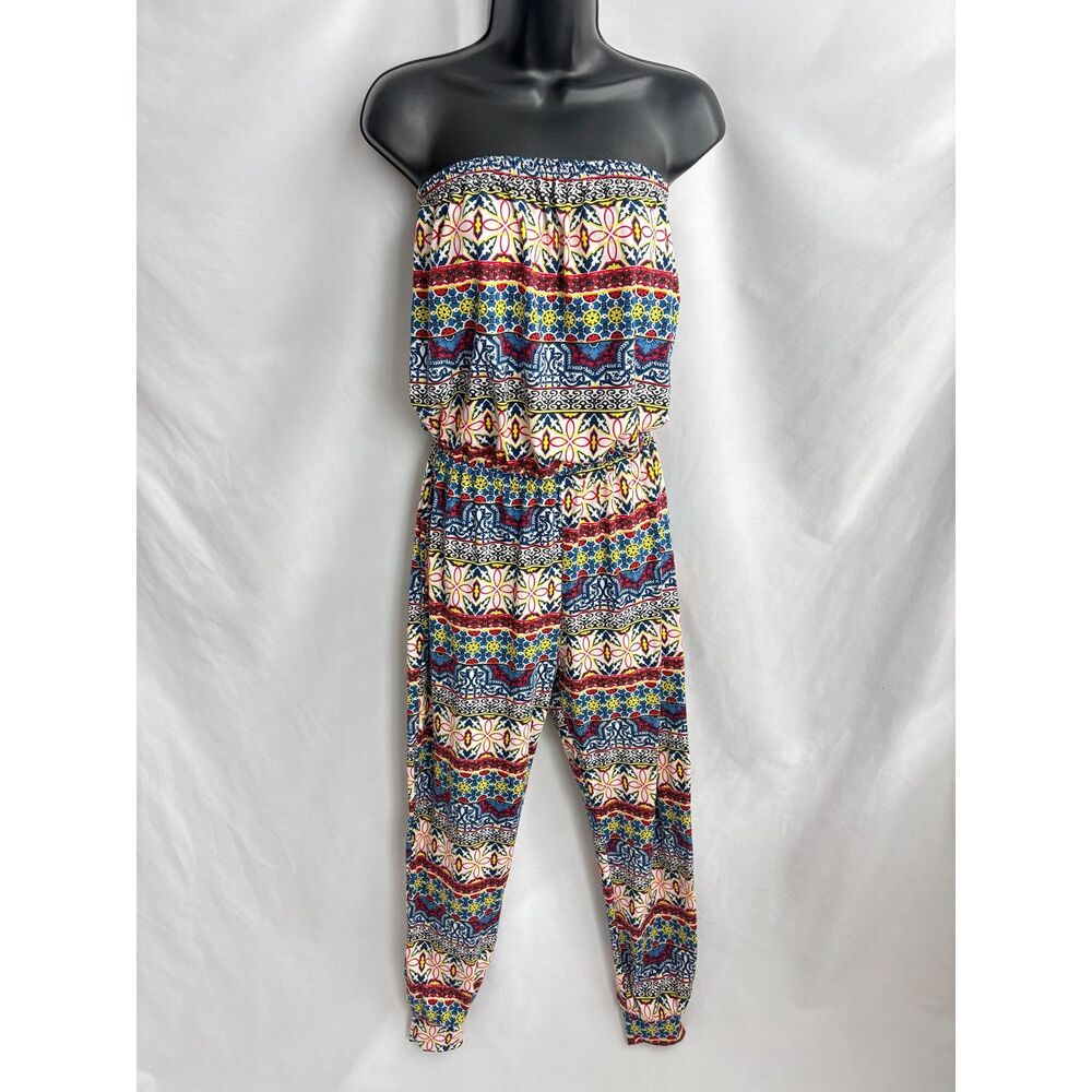 Say What? Strapless Ankle Cuff Aztec Ethnic Inspired Jumpsuit L Boho Yoga Yogi